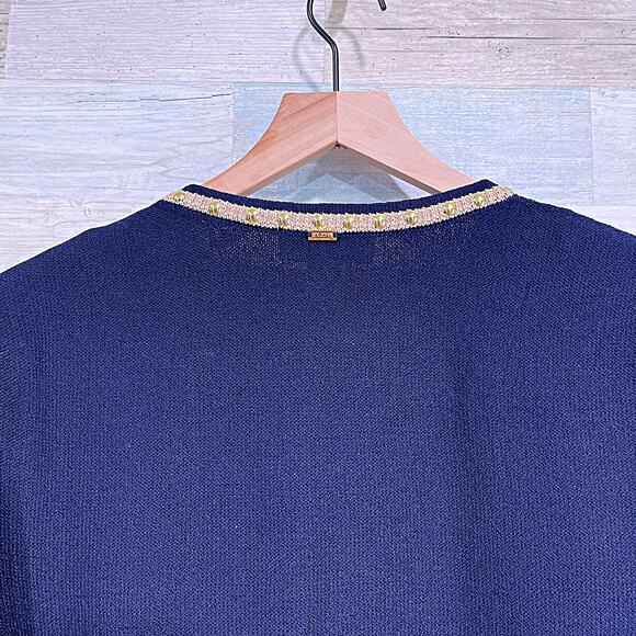 ST JOHN Tweed Lady Jacket Blue Gold Studded Trim Full Zip Wool Blend Womens 10 - Picture 7 of 9
